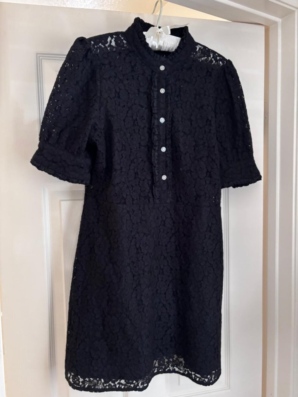 Zara Black Lace Mini Dress Ruffle Neck Jeweled Buttons Size XL